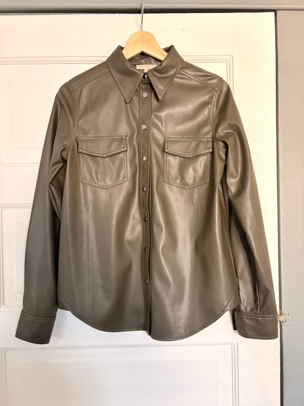 Faux Leather Button-Up Shirt Jacket in Olive